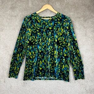 Chico’s Shirt Womens 3 Green Yellow Velour Long Sleeve Pullover Stretch- 4054